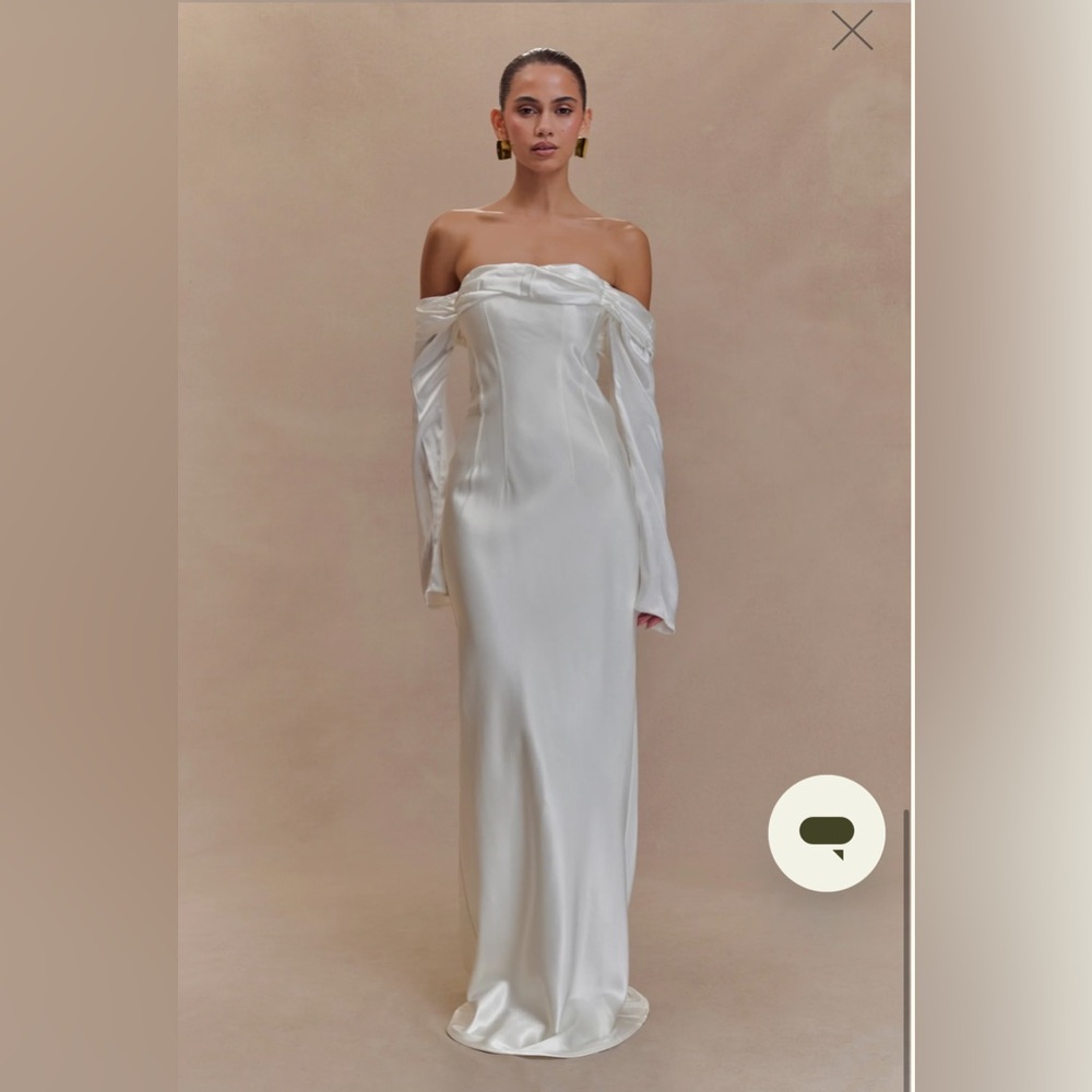Meshki Ivory Satin Strapless Off-Shoulder Gown